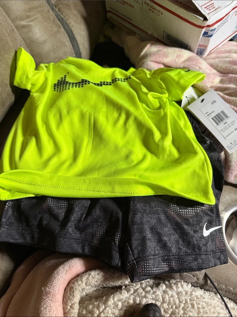 Nike Neon Yellow Performance Tee with Black Patterned Shorts